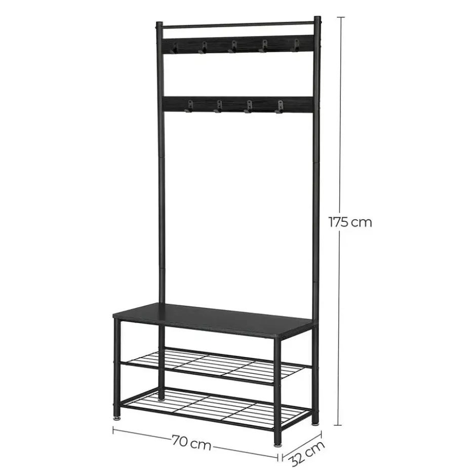 ACAZA® Staande Kapstok met 9 Haken en Schoenenrek - Garderoberek - Zwart