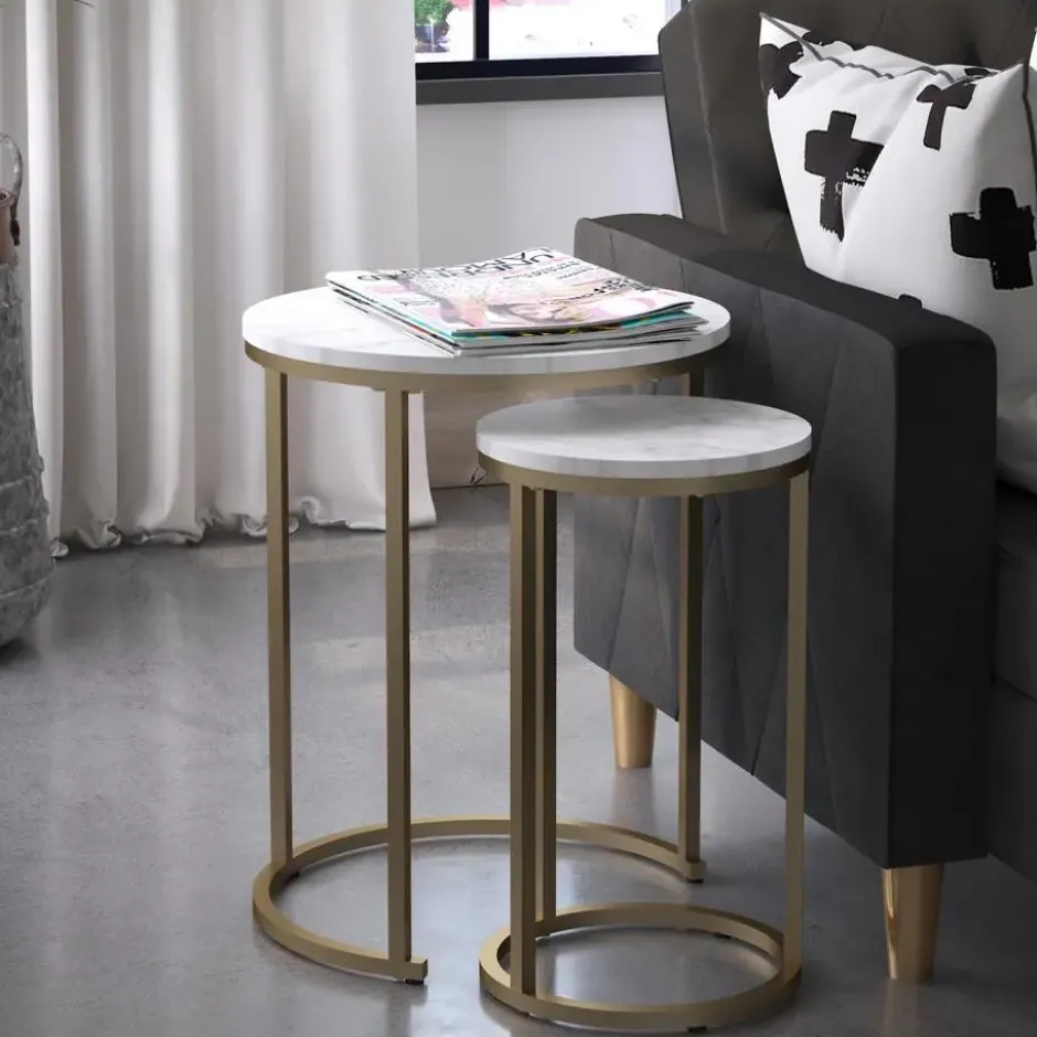Amelia - Set van 2 nesttafels in marmerlook / wit
