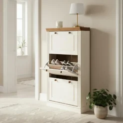 Anita - Schoenenkast met 3 kleppen in wit/natuurlijk grenen