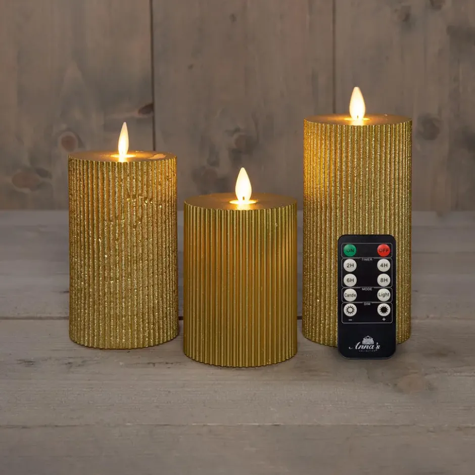 Anna Collection LED stompkaarsen - 3x - goud - ribbel