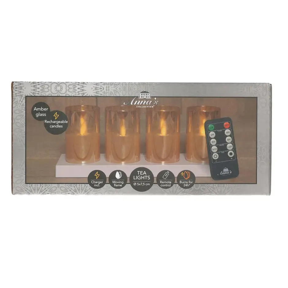 Anna's Collection LED kaarsen in glas -4x - oranje -oplaadstation