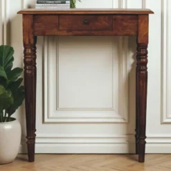 Artisan Furniture Massief Houten Console, Gedraaide Poten, 1 Lade, Donkerbruin