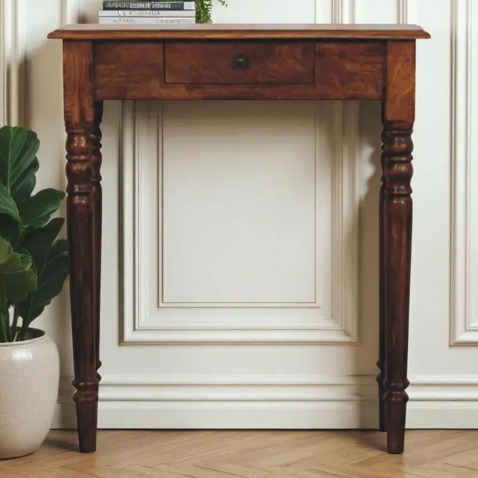 Artisan Furniture Massief Houten Console, Gedraaide Poten, 1 Lade, Donkerbruin