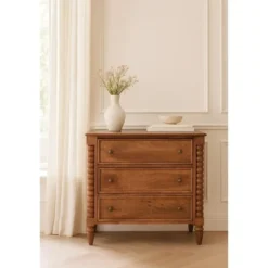 Artisan Furniture Massief Hout Spindel Kast, 3 Lades, Beige