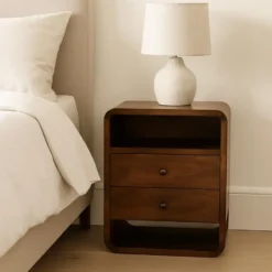 Artisan Furniture Massief Hout Chestnut Gebogen Nachtkastje met 2 Lades