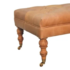 Artisan Furniture Massief hout Buffalo tan leren poef met zwenkwielen
