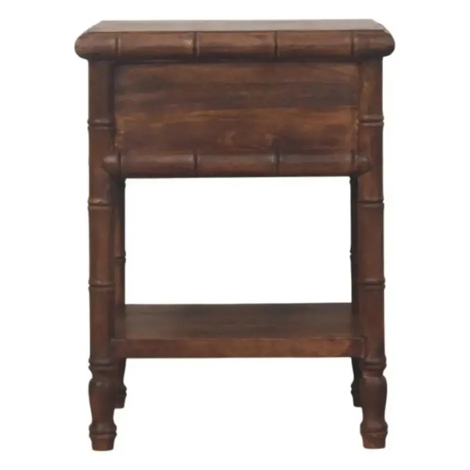 Artisan Furnitur Massief Houten Bamboe Gegraveerd Nachtkastje, 1Lade, 1 Open Vak