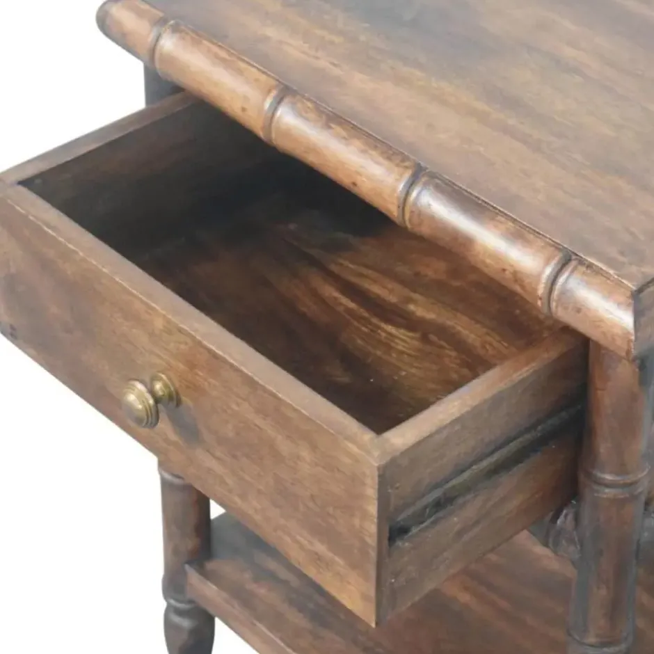 Artisan Furnitur Massief Houten Bamboe Gegraveerd Nachtkastje, 1Lade, 1 Open Vak