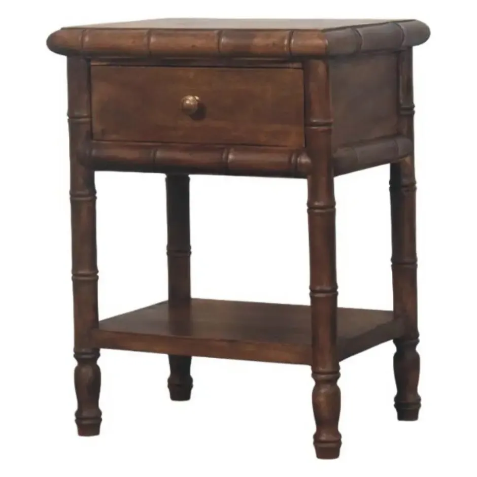 Artisan Furnitur Massief Houten Bamboe Gegraveerd Nachtkastje, 1Lade, 1 Open Vak