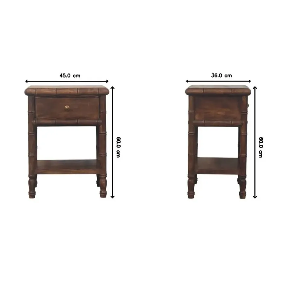 Artisan Furnitur Massief Houten Bamboe Gegraveerd Nachtkastje, 1Lade, 1 Open Vak