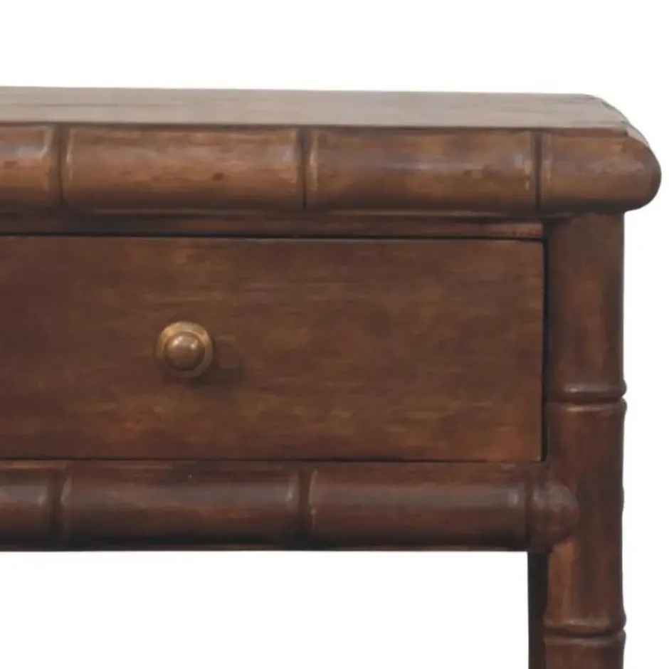 Artisan Furnitur Massief Houten Bamboe Gegraveerd Nachtkastje, 1Lade, 1 Open Vak