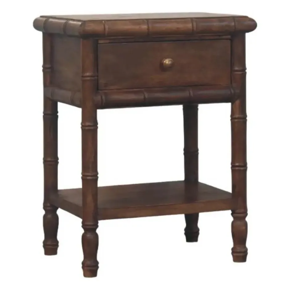 Artisan Furnitur Massief Houten Bamboe Gegraveerd Nachtkastje, 1Lade, 1 Open Vak