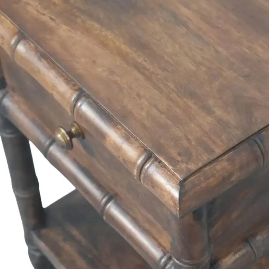 Artisan Furnitur Massief Houten Bamboe Gegraveerd Nachtkastje, 1Lade, 1 Open Vak