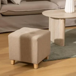 Atmosphera krukje/poef - hout/stof - beige - D35 x H35 cm