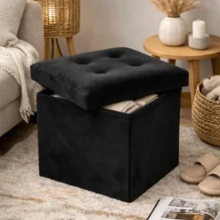 Atmosphera Poef - zwart - 38 x 38 cm - mdf/fluweel - hocker