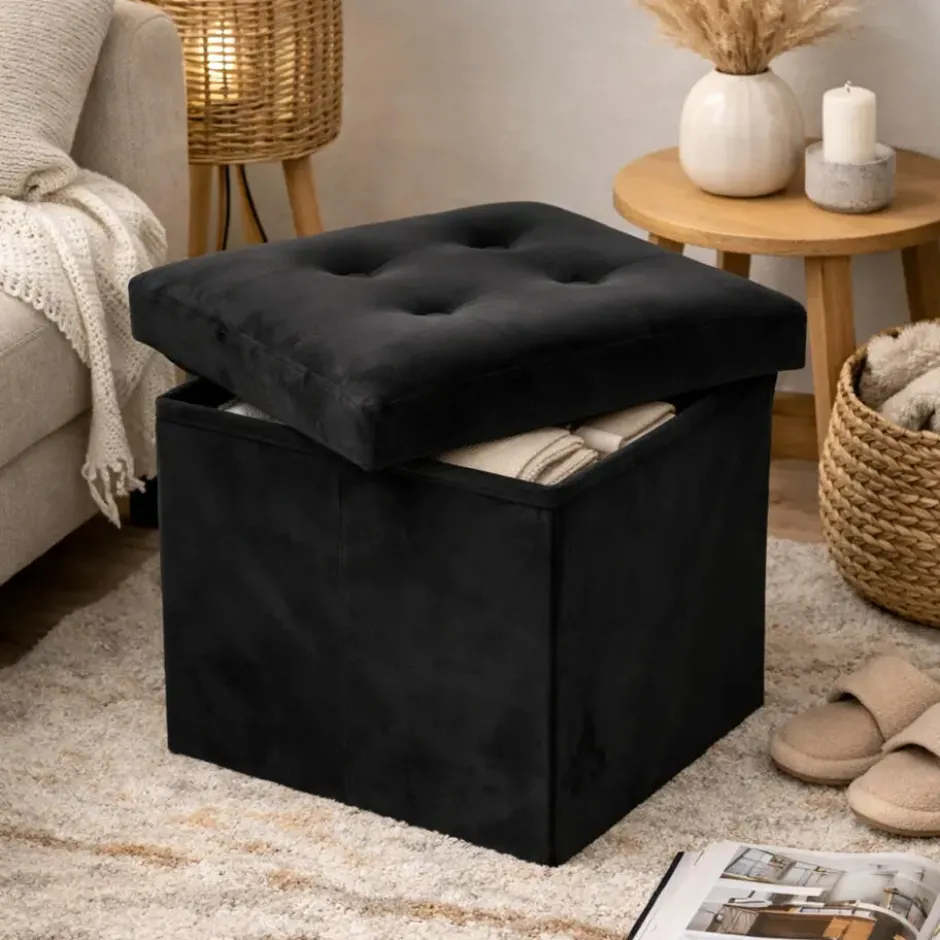 Atmosphera Poef - zwart - 38 x 38 cm - mdf/fluweel - hocker