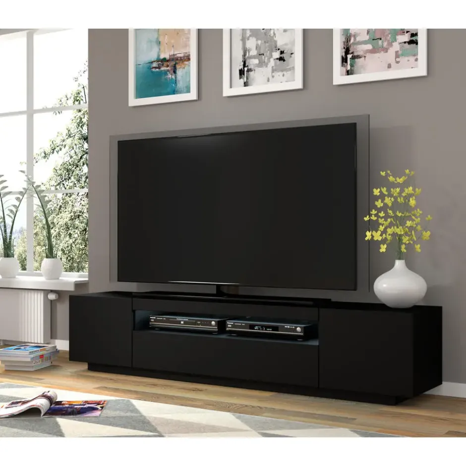 AURA TV-meubel 200 cm universeel mat zwart + LED