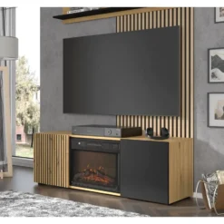 AURIS 150 cm TV-meubel met elektrische haard artisan eiken / mat zwart