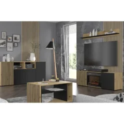 AURIS 150 cm TV-meubel met elektrische haard artisan eiken / mat zwart