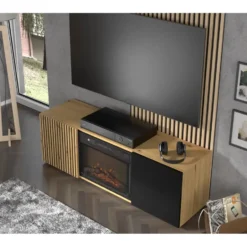 AURIS 150 cm TV-meubel met elektrische haard artisan eiken / mat zwart