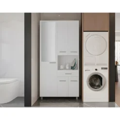 Badkamerkast MINELA - 88 cmx30 cmx180 cm - Wit Hout paneel