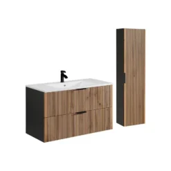 Badkamer set MADELA - 100 cmx46 cmx57 cm - Zwart Natuurlijk licht Hout paneel