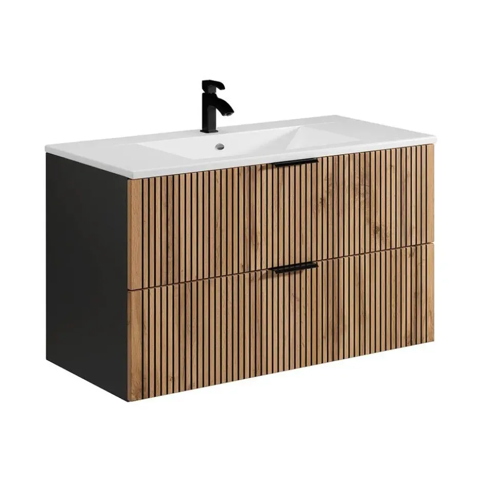 Badkamer set MADELA - 100 cmx46 cmx57 cm - Zwart Natuurlijk licht Hout paneel