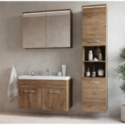 Badplaats Badkamermeubel Paso LED 80cm met spiegelkast - bruin eiken