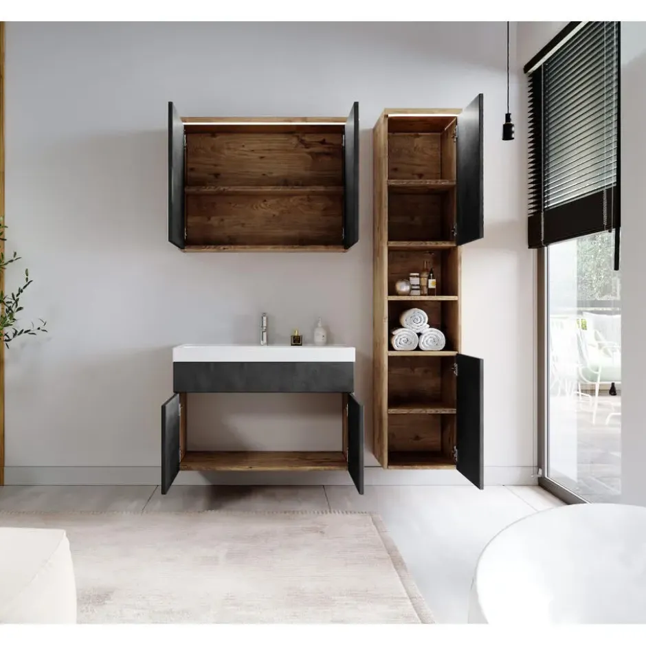 Badplaats Badkamermeubel Set Paso 80 x 40 cm - Kastanje Eiken met Donker Grijs -