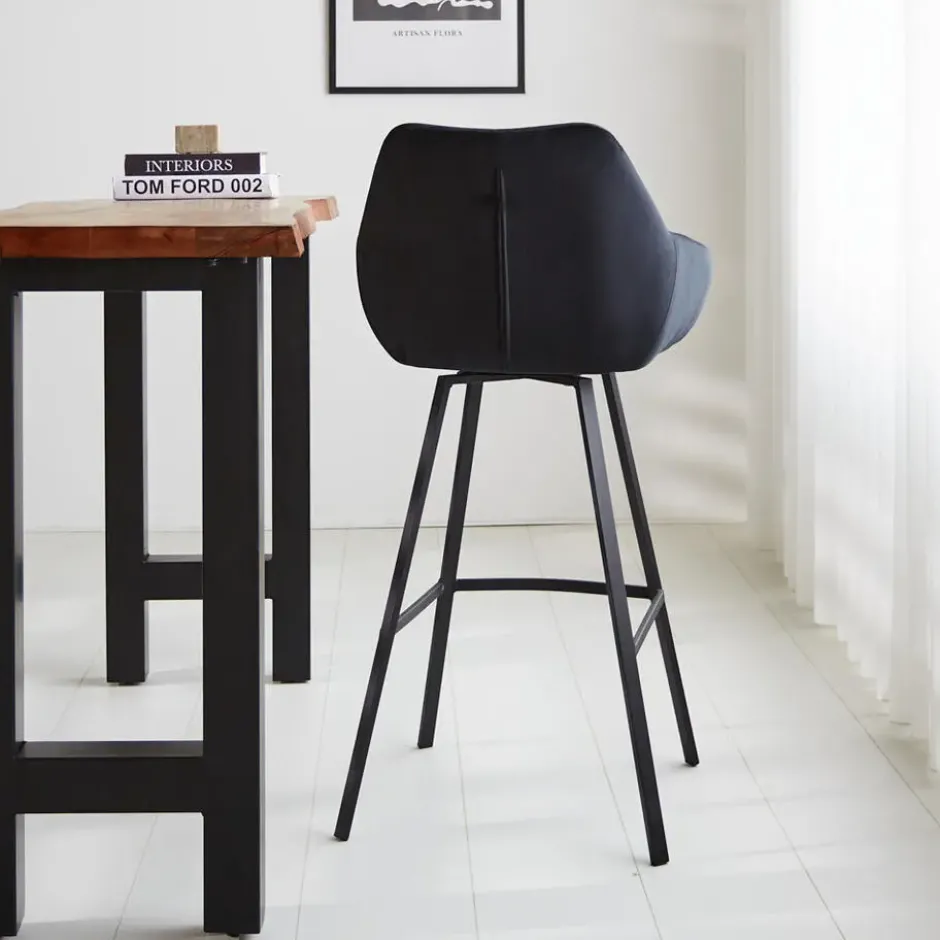 Barkruk Elise velvet zwart draaibaar met armleuning Zithoogte 79 cm Stof