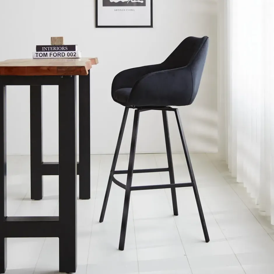 Barkruk Elise velvet zwart draaibaar met armleuning Zithoogte 79 cm Stof