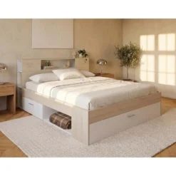 Bedframe LEANDRE - 2 plaatsen - Natuurlijk licht Wit Hout paneel