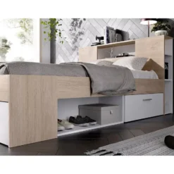 Bedframe LEANDRE - 2 plaatsen - Natuurlijk licht Wit Hout paneel