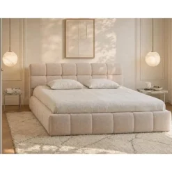 Bed met opbergruimte FORVIK - 2 plaatsen - Beige Stof