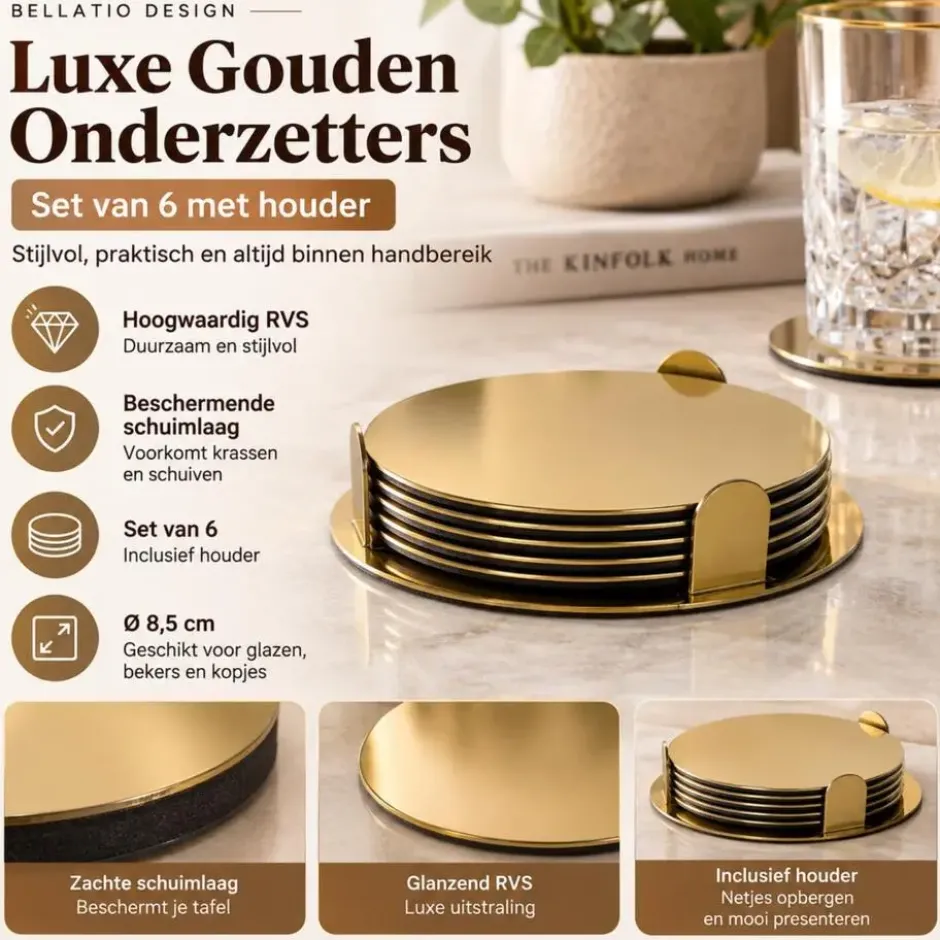 Bellatio Design Onderzetters - 6x - goud - 8,5 cm - met houder