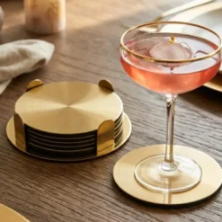Bellatio Design Onderzetters - 6x - goud - 8,5 cm - met houder