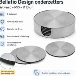 Bellatio Design Onderzetters - 6x - rvs - 10 cm - rond