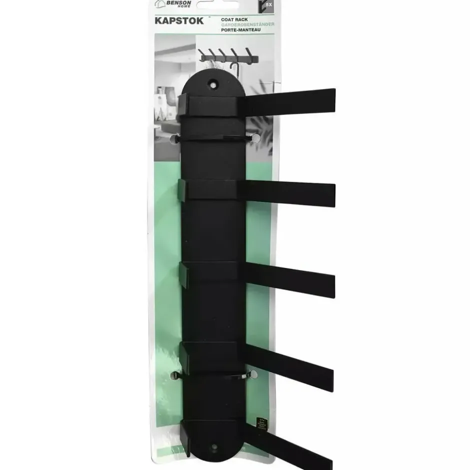 Benson Kapstok - zwart - metaal - 5 haken - wandkapstok - 30 cm