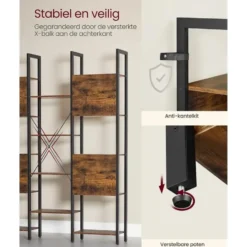 Bobbel Home Industriële Boekenkast 6 Vakken Open Rek Vintage Bruin Zwart