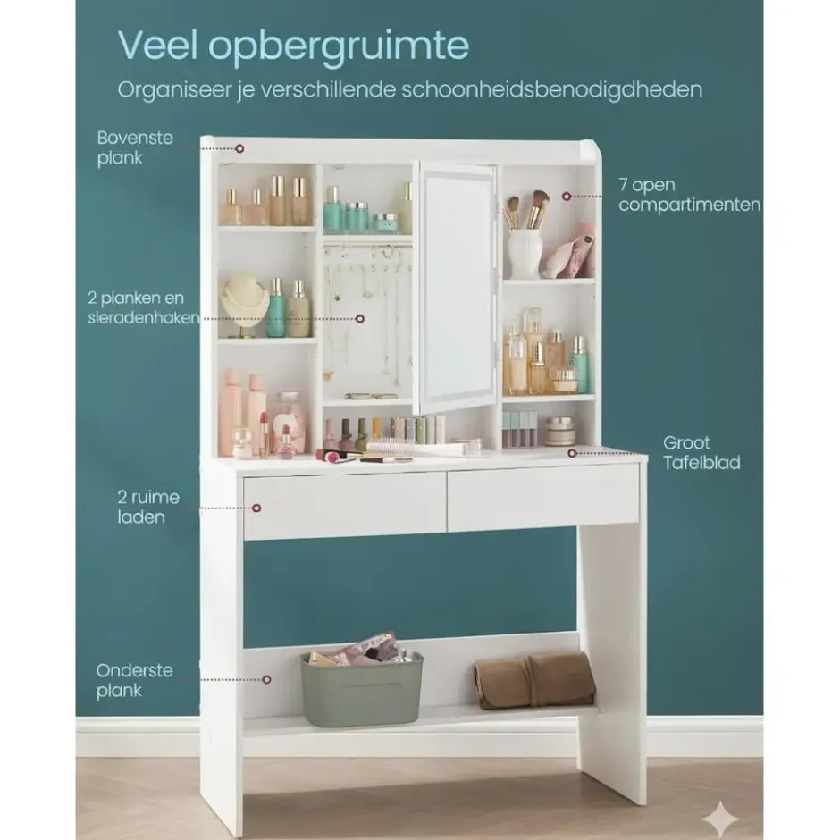 Bobbel Home - Moderne Witte Make-up tafel met Instelbare LED Verlichting
