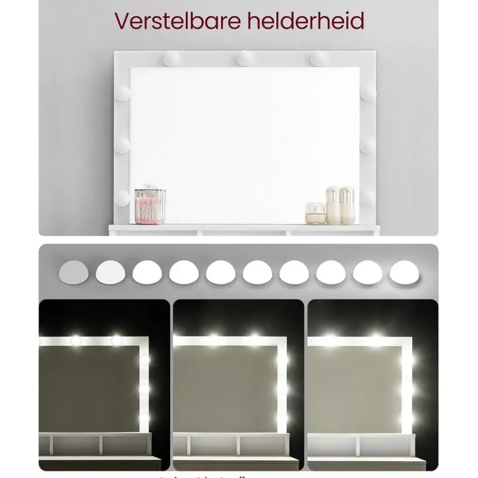 Bobbel Home - Witte Kaptafel - Rechthoekige spiegel - Gloeilampen