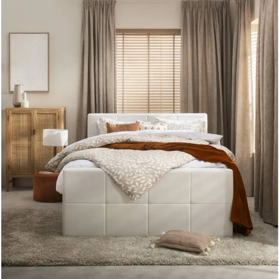 Boxspring met opbergruimte en voetbord Liv geblokt - ecru - 180x200cm