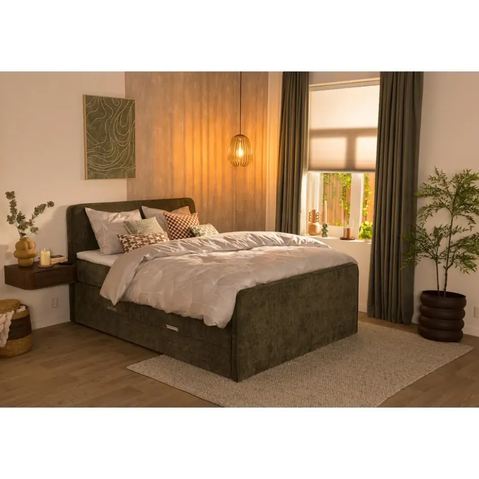 Boxspring met opbergruimte Mori - vergrijsd groen - 140x200 cm