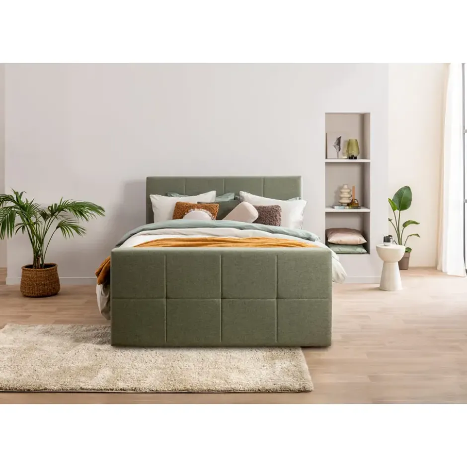 Boxspring met voetbord Liv geblokt - groen - 180x200 cm - vierkante poot