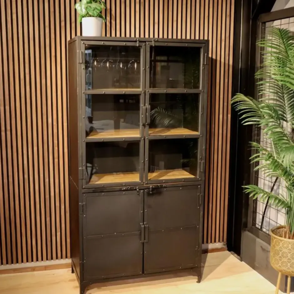 Buffetkast industrieel Trevor zwart hout/ metaal - 45x95x185 cm