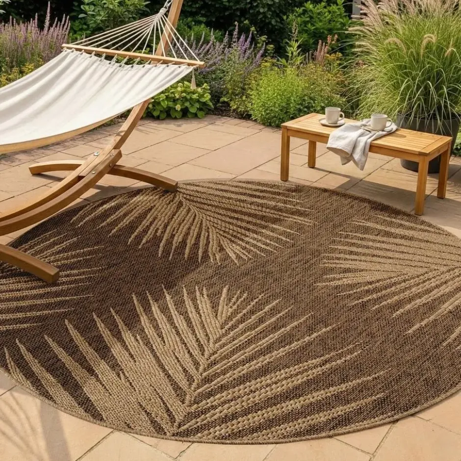 Buitenkleed Rond Timber Floral Jute Beige - 120 CM Ø