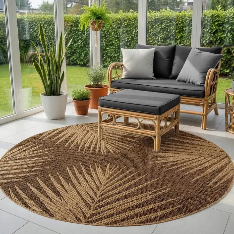 Buitenkleed Rond Timber Floral Jute Beige - 120 CM Ø