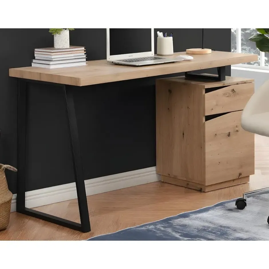 Bureau GOTAMA - 140 cmx60 cmx75 cm - Zwart Natuurlijk licht Hout paneel Metaal