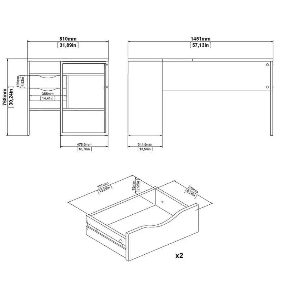 Bureau hoek Zwart/Naturel - 145x80x75cm - Function Plus