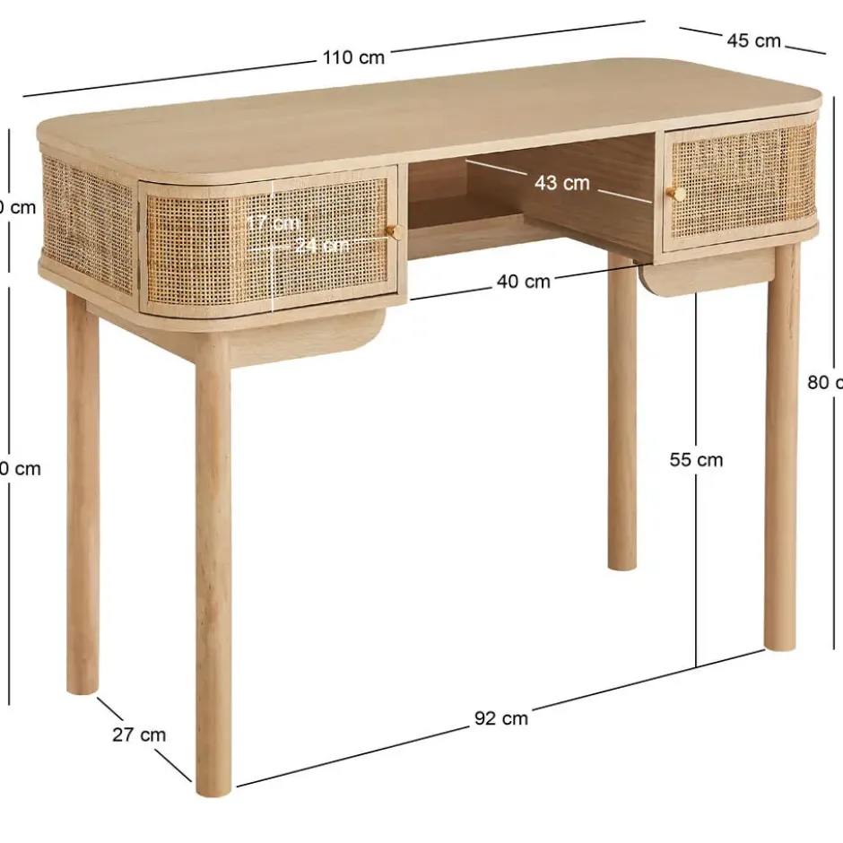 Bureau met 2 deuren van hout en rietvlechtwerk